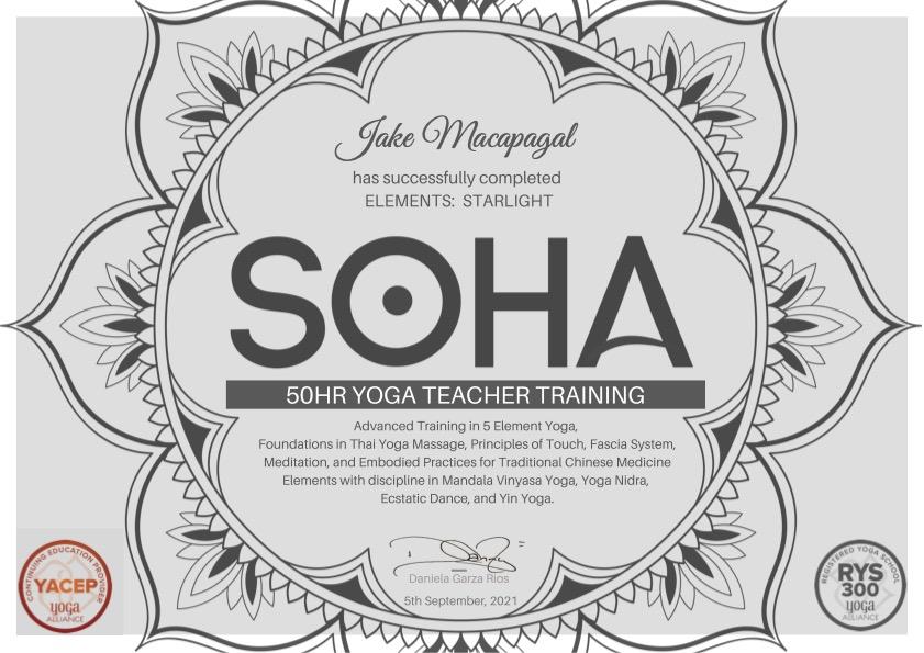 Jake Macapagal- 50HR STARLIGHT Yoga Teacher Training Certificate